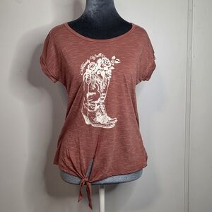 TruSelf "Howdy Y'all" Boot Graphic Tie-Hem Top - Size Small